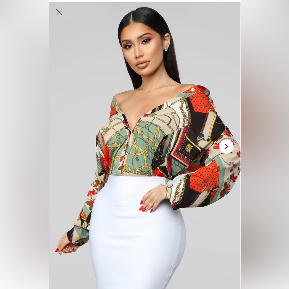 Fashion Nova Orange Black Graphic Blouse